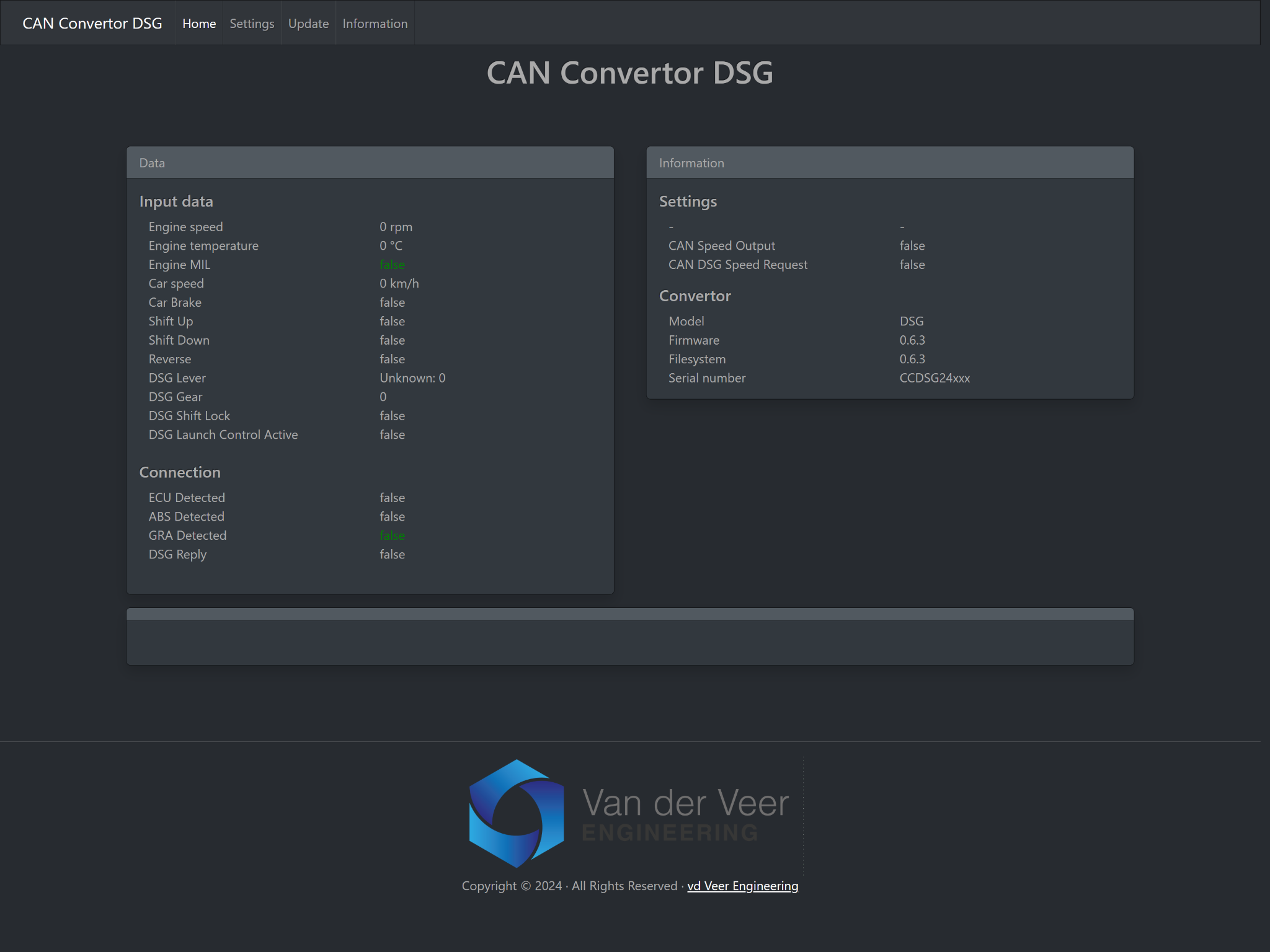 CAN Convertor DSG live dashboard with vehicle data and connection status