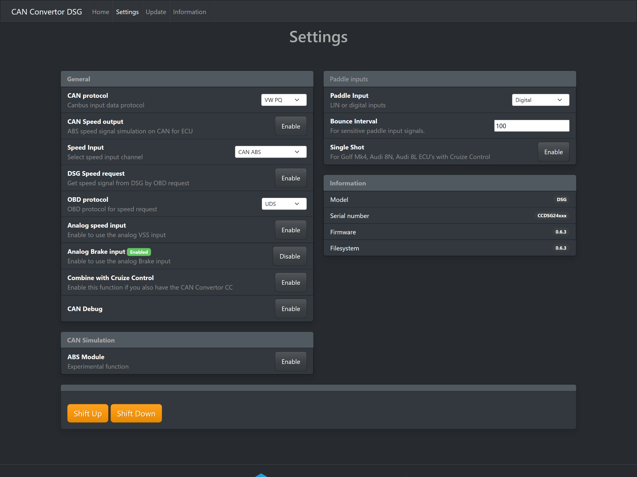 CAN Convertor DSG settings for CAN, speed source, paddle inputs and diagnostics
